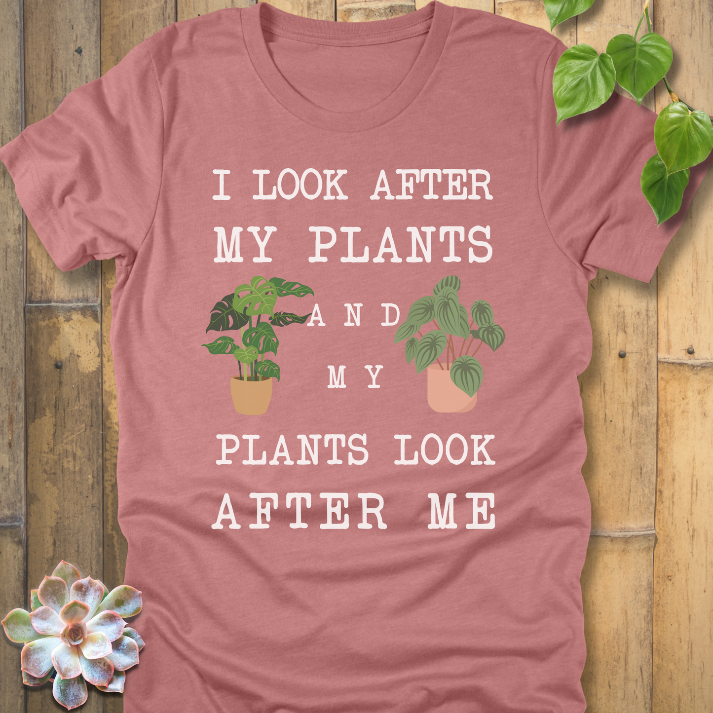Heather  Mauve Bella Canvas 3001 t-shirt with white writing saying I look after my plants and my plants look after me. I have two house plants on each side. 