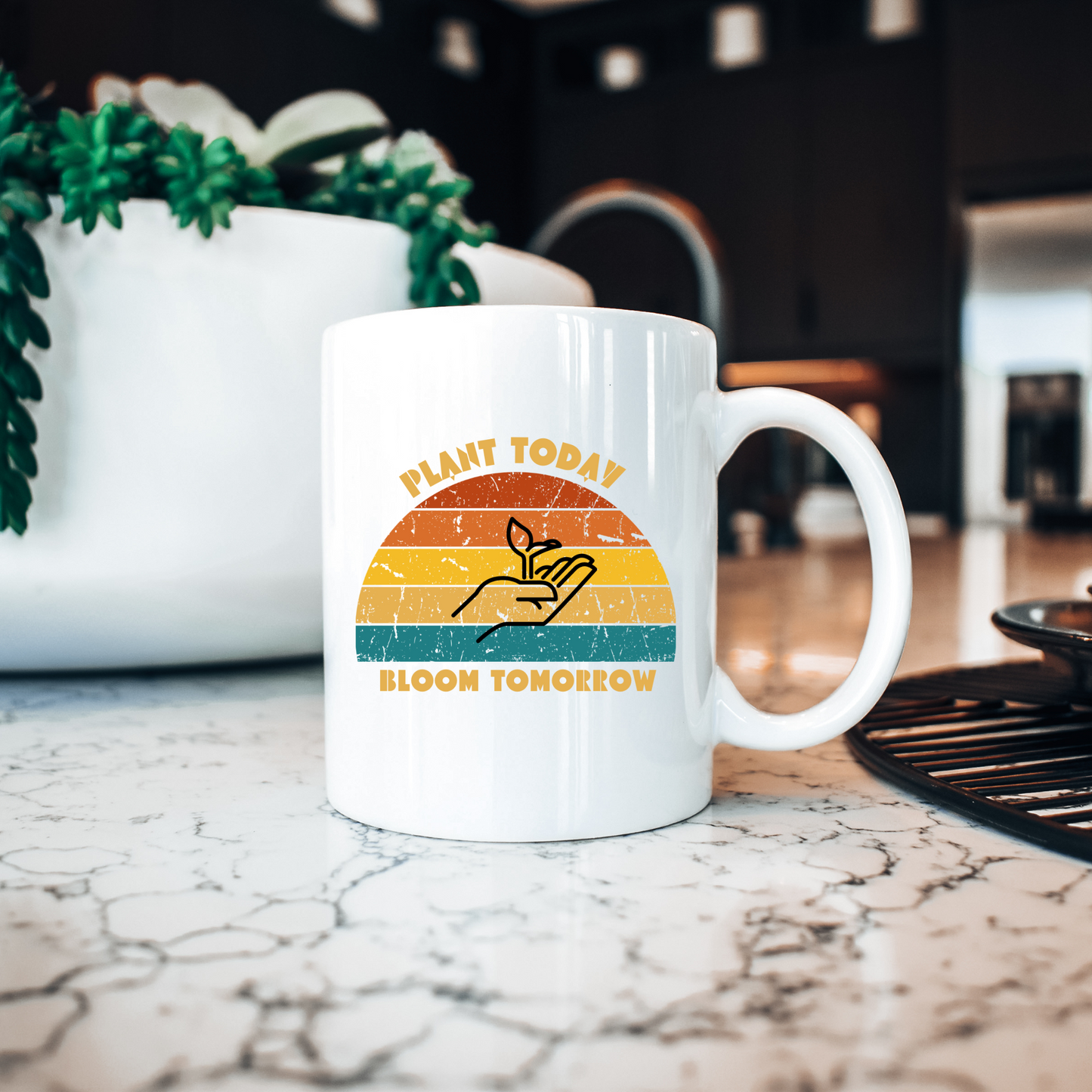 Retro Sunset Coffee Mug, Perfect for Gardeners and Plant Enthusiasts, "Plant Today, Bloom Tomorrow" - White Mug