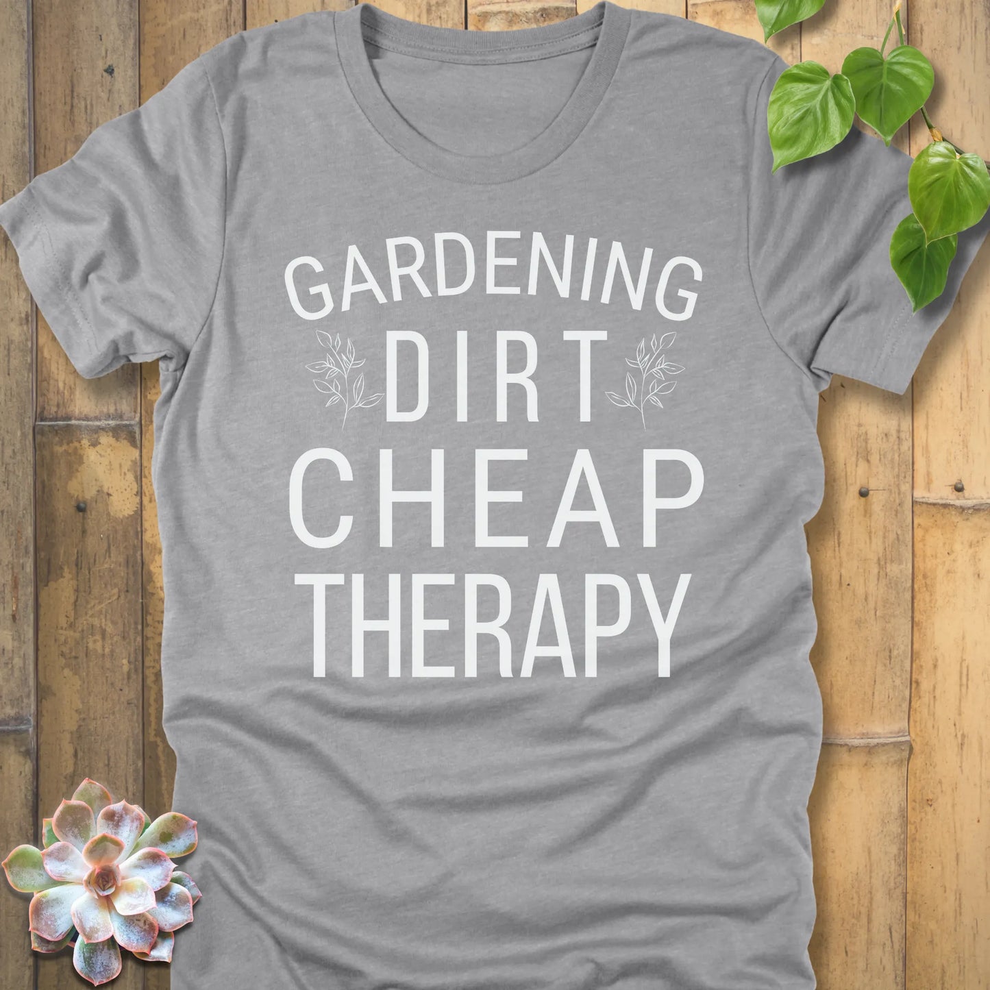 Athletic Heather t-shirt featuring the design Cheap Therapy printed in bold white letters