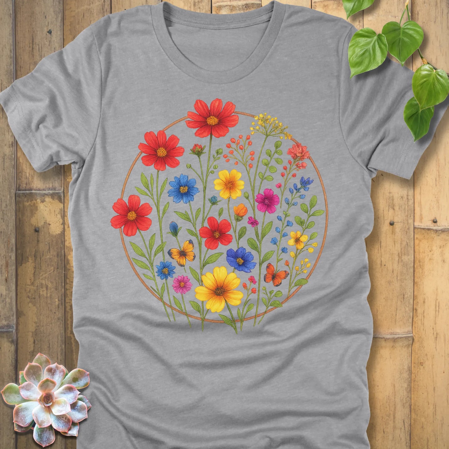 Athletic Heather t-shirt featuring the design Circle of Flowers printed in colourful floral artwork, casual garden shirt.