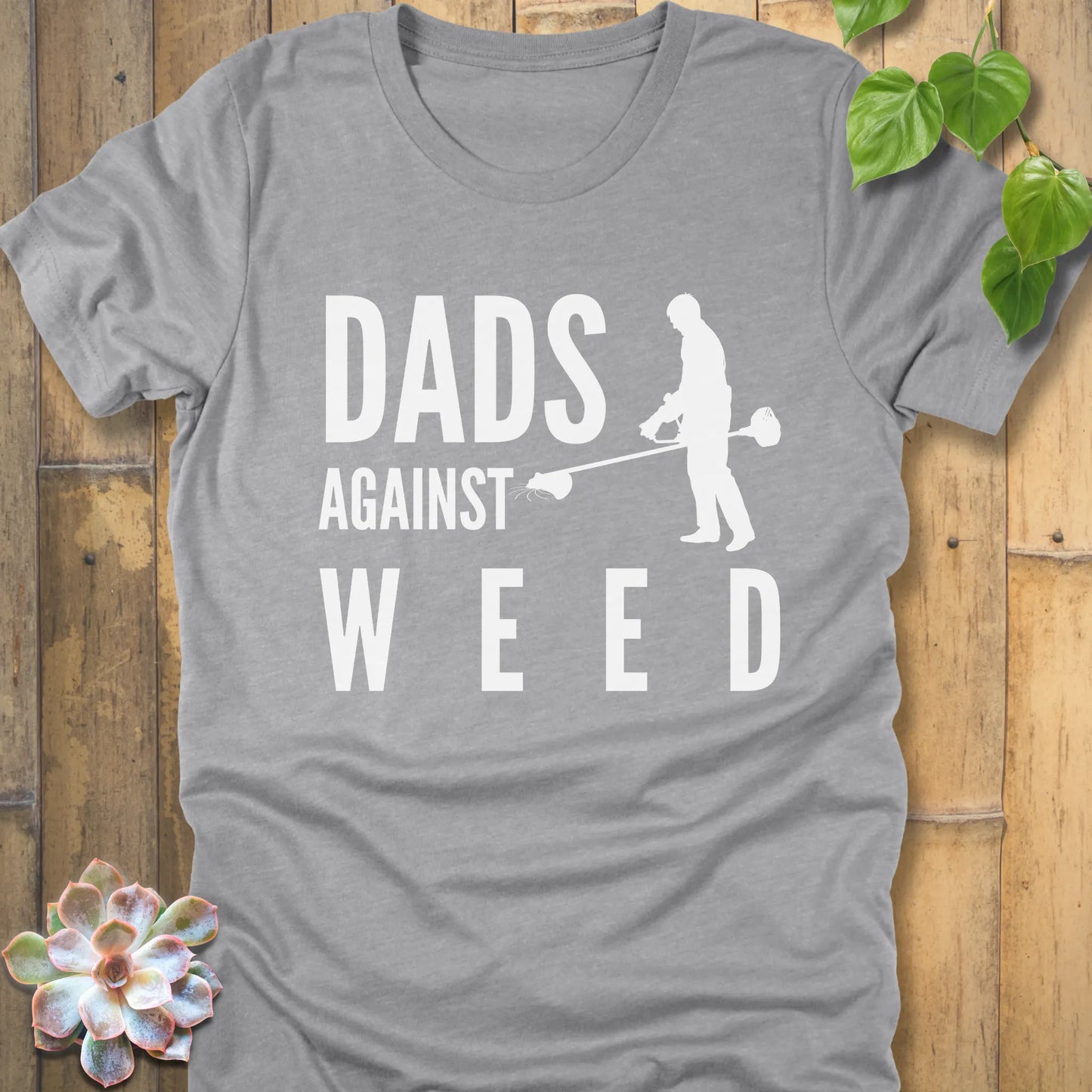 Athletic Heather t-shirt featuring the design Dads Against Weed printed with man mowing.