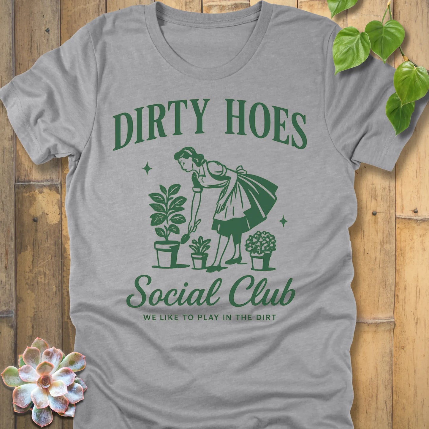 Athletic Heather t-shirt featuring the design Dirty Hoes printed in funny gardening shirt.