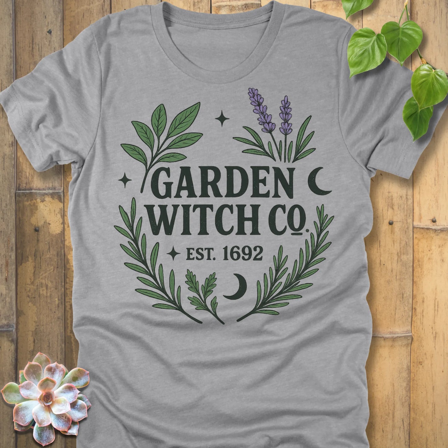 Athletic Heather t-shirt featuring the design Garden Witch printed in witchy garden shirt.