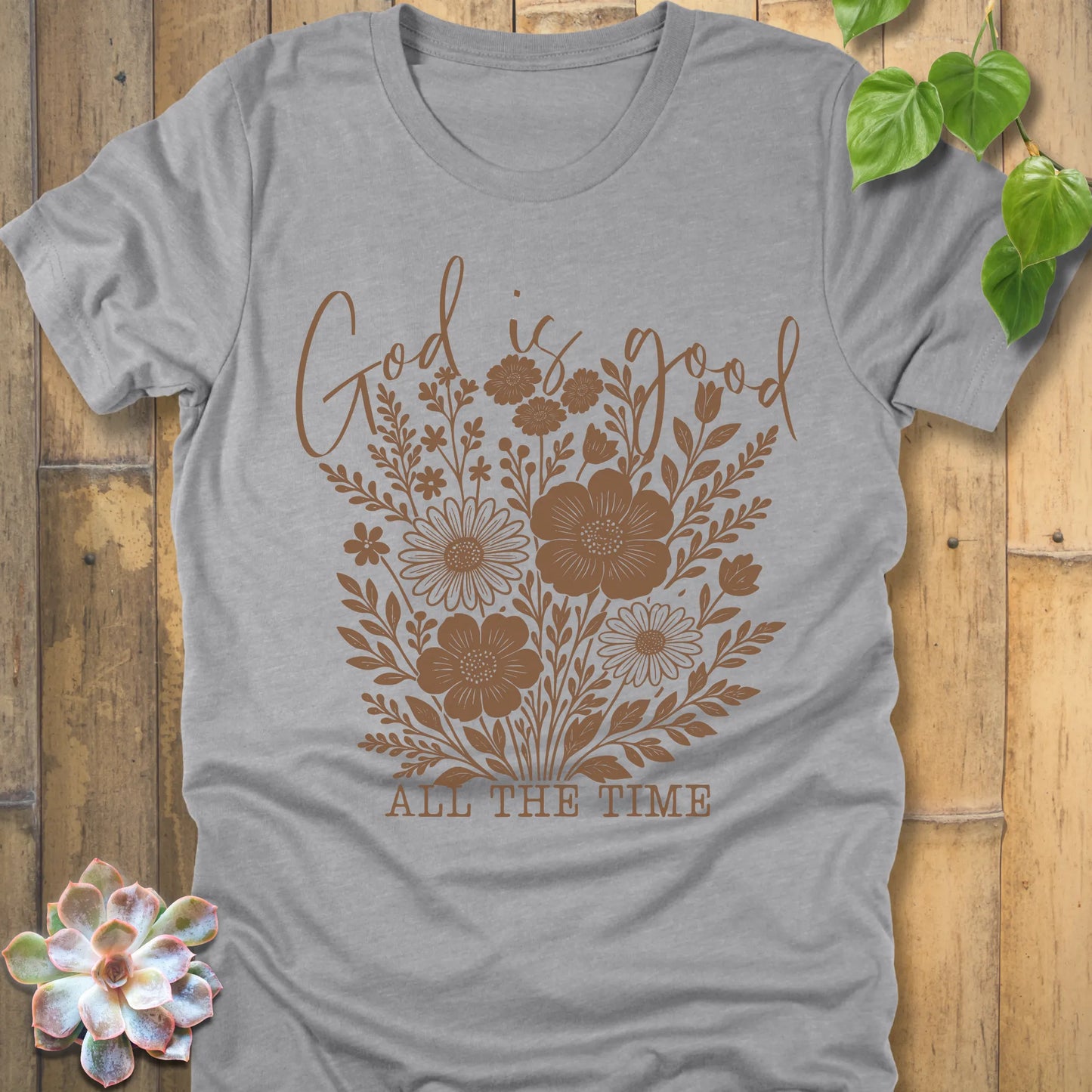 Athletic Heather t-shirt featuring the design God is Good printed with flowers in a soft floral style