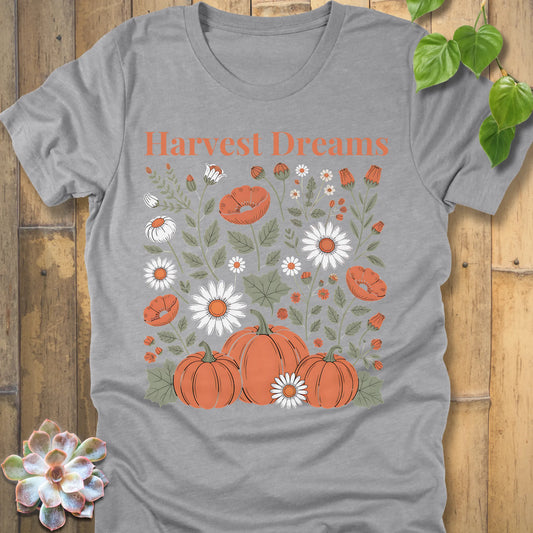Athletic Heather t-shirt featuring the design Harvest Dreams printed in orange letters flowers and pumpkin