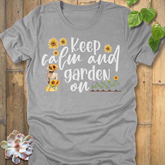 Athletic Heather t-shirt featuring the design Keep Calm printed in white letters and sunflowers