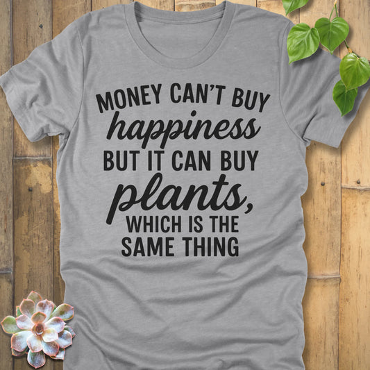Athletic Heather t-shirt featuring the design Money Can’t Buy Happiness printed in bold black letters, motivational quote shirt.