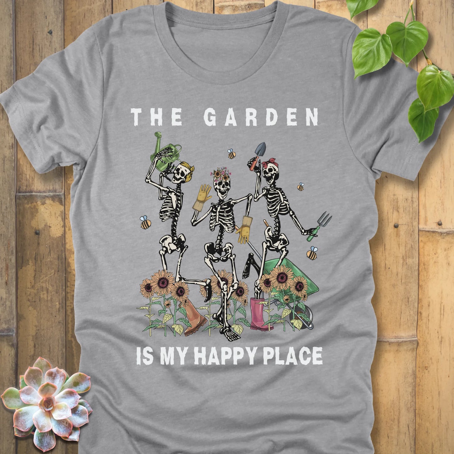 Athletic Heather t-shirt featuring the design "My Happy Place" printed in bold white letters and a happy skeleton 
