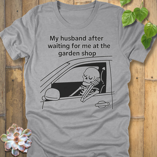Athletic Heather t-shirt featuring the design My Husband printed funny skeleton graphic shirt