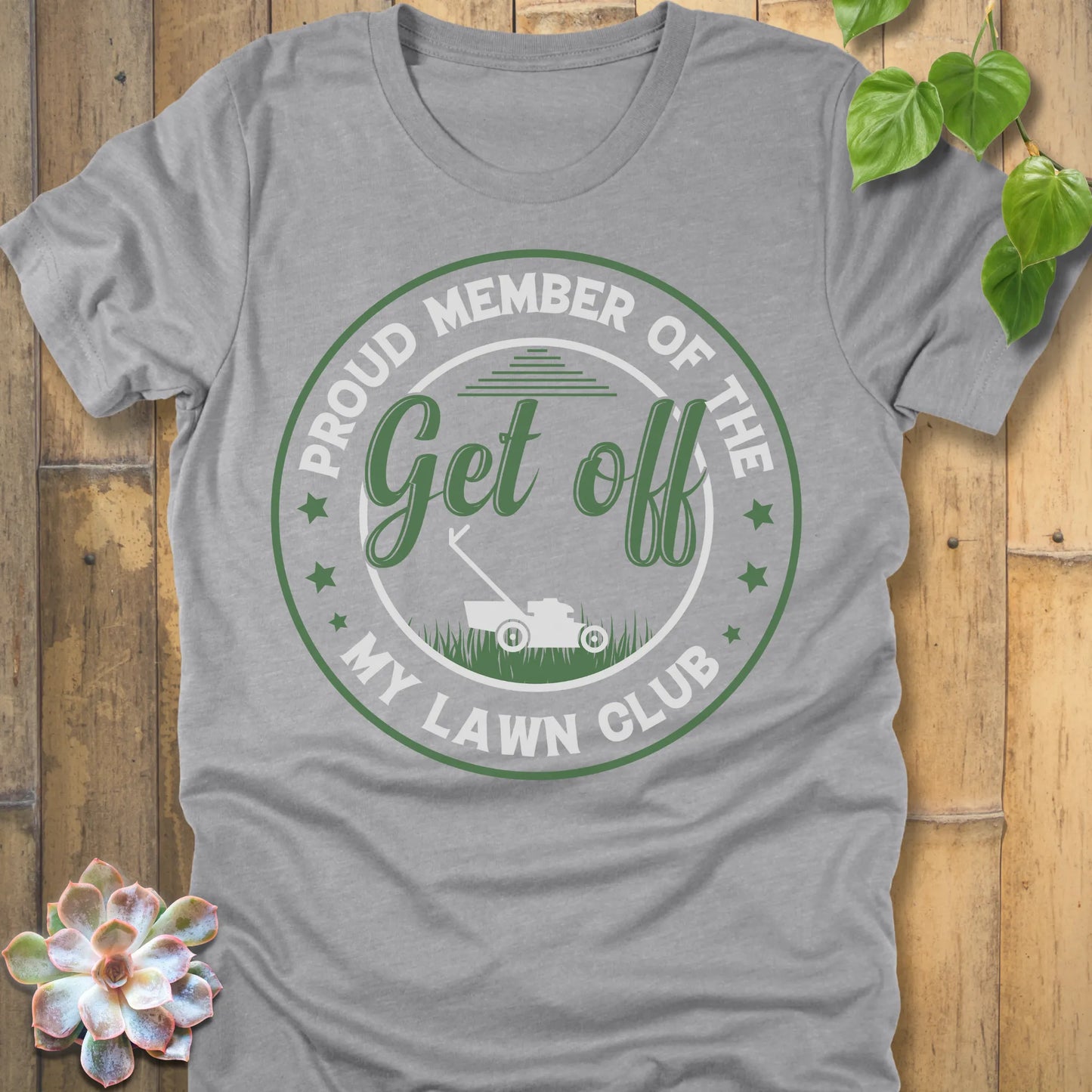 Athletic Heather t-shirt featuring the design My Lawn Club printed in bold letters, casual lawn care shirt.