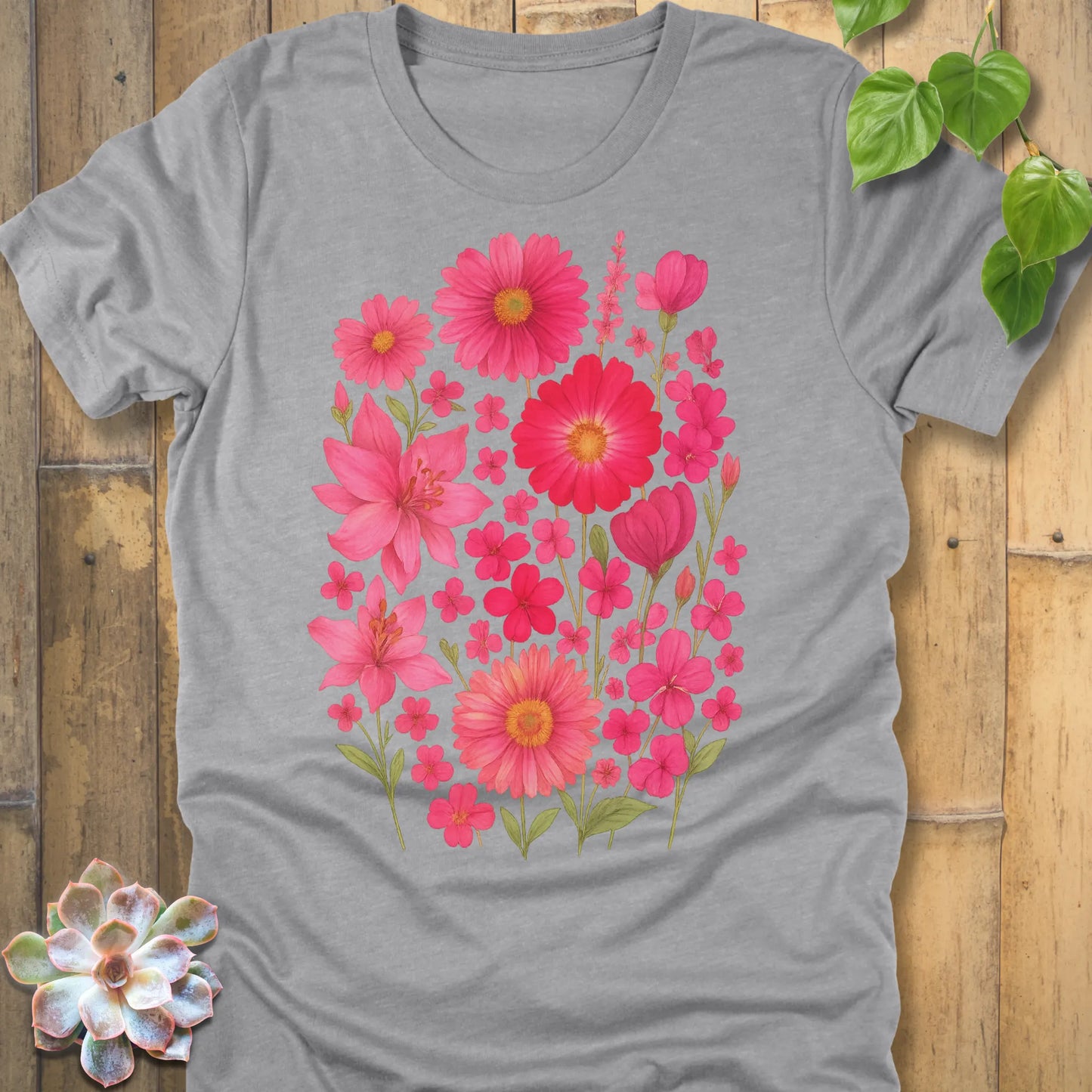 Athletic Heather t-shirt featuring the design Pink Blossom printed in soft floral style, casual flower shirt.