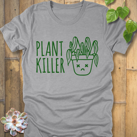 Athletic Heather t-shirt featuring the design Plant Killer printed in green letters with a plant in an emoji pot 