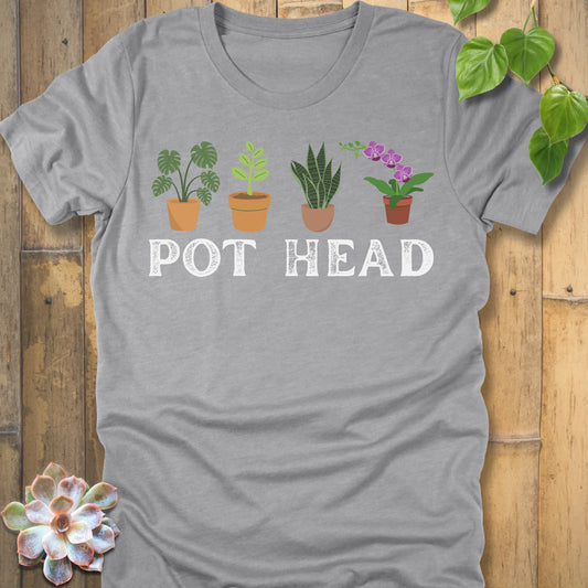 Athletic Heather t-shirt featuring the design Pot Head printed in bold letters and plants in the pots, funny gardening shirt.