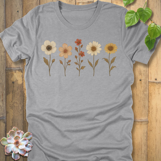 Athletic Heather t-shirt featuring the design Pressed Flowers printed in delicate floral pattern, botanical graphic tee.