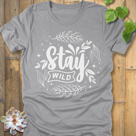 Athletic Heather t-shirt featuring the design Stay Wild printed in white letters, nature lover shirt.