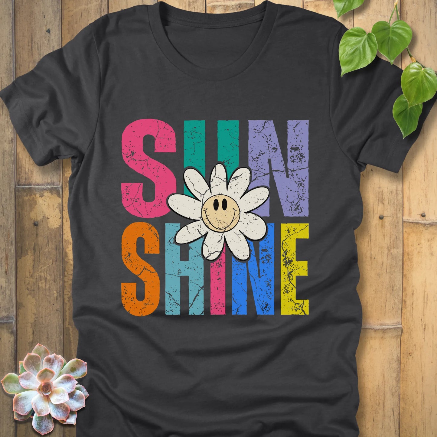 Athletic Heather t-shirt featuring the design Sunshine printed in colourful letters and a sunflower
