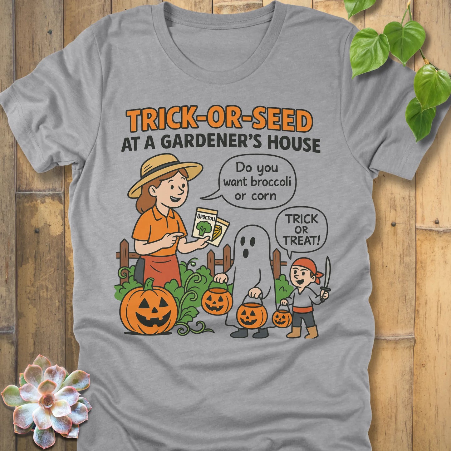Athletic Heather t-shirt featuring the design Trick Or Seed printed in funny Halloween gardening shirt.