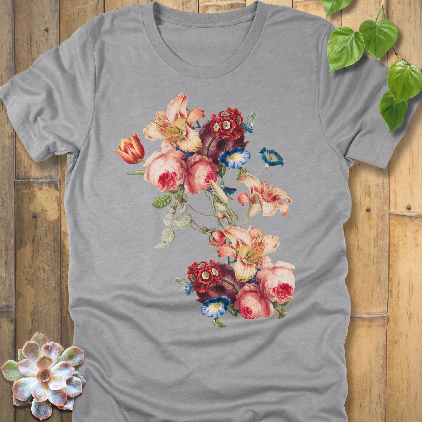 Athletic Heather t-shirt featuring the design Victorian Bloom printed in soft floral colours, vintage flower graphic tee.