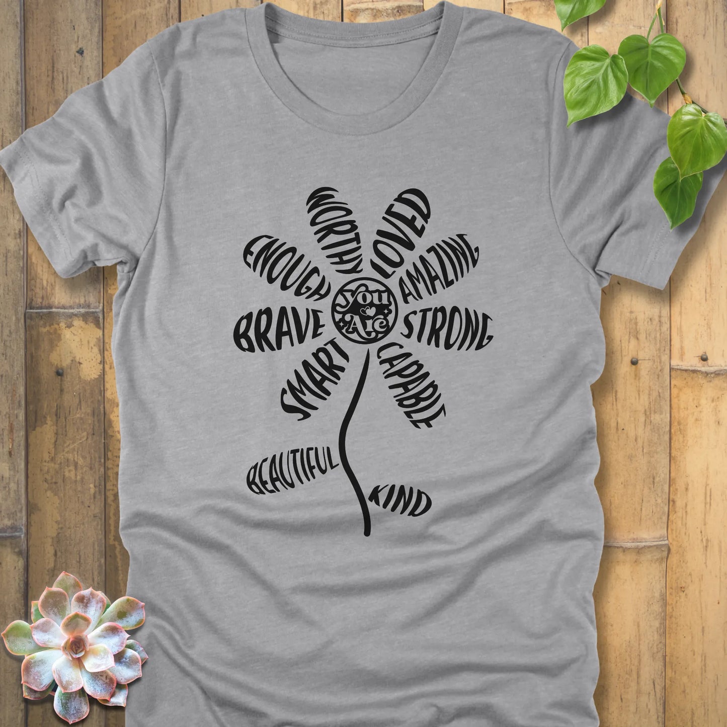Athletic Heather t-shirt featuring the design You Are with a sunflower and text print – floral graphic t-shirt
