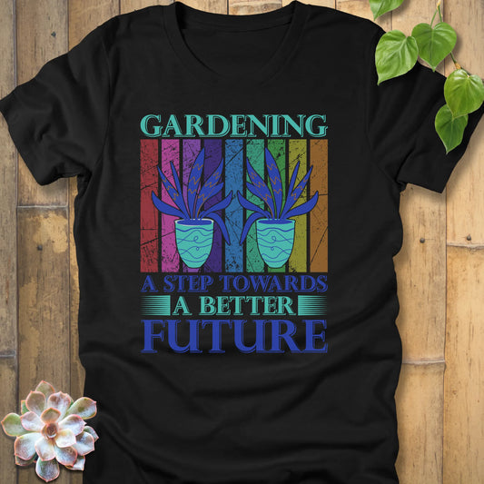 Black t-shirt featuring the design Gardening A Better Future printed in bold letters, gardener’s casual shirt.