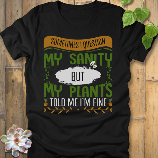 Black t-shirt featuring the design My Sanity printed in bold letters and plants, funny mental health shirt.