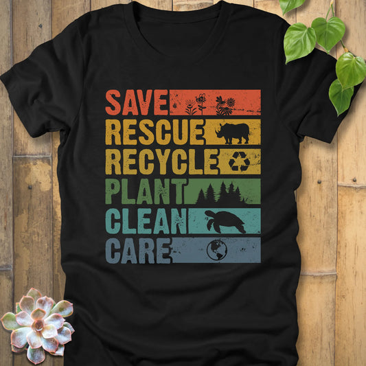 Black t-shirt featuring the design Save, Rescue, Recycle, Plant, Clean, Care printed in bold colored letters