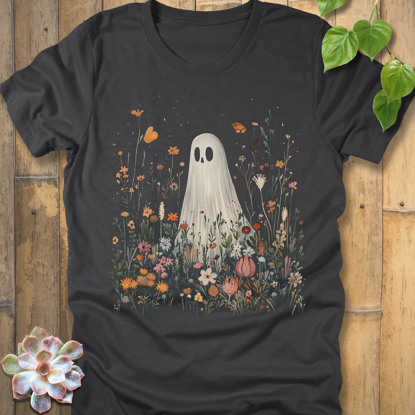 Dark Grey Heather t-shirt featuring the design Among the Wildflowers printed with a ghost in garden