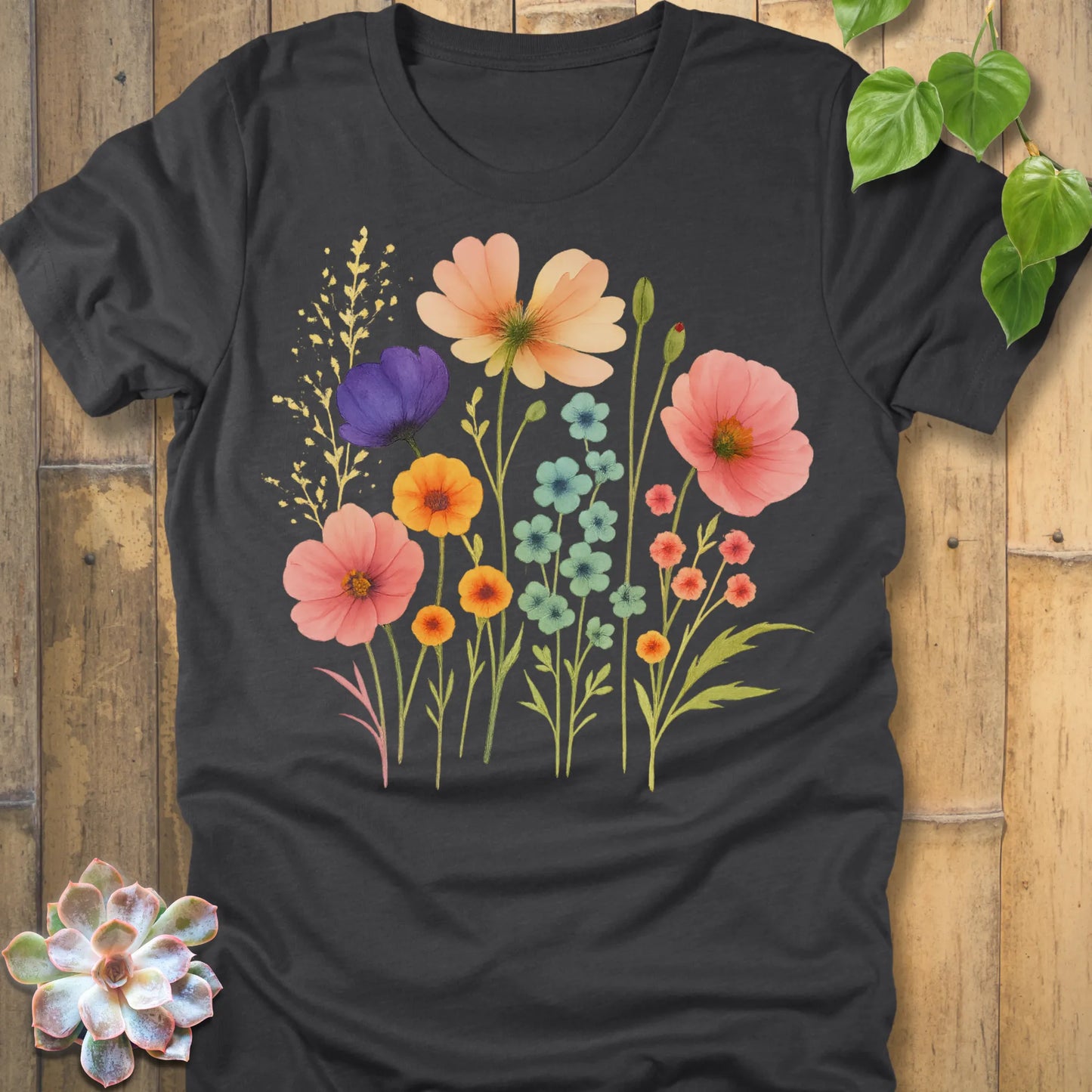 Dark Grey Heather t-shirt featuring the design Beautiful Day printed in flower graphic design, casual graphic tee.