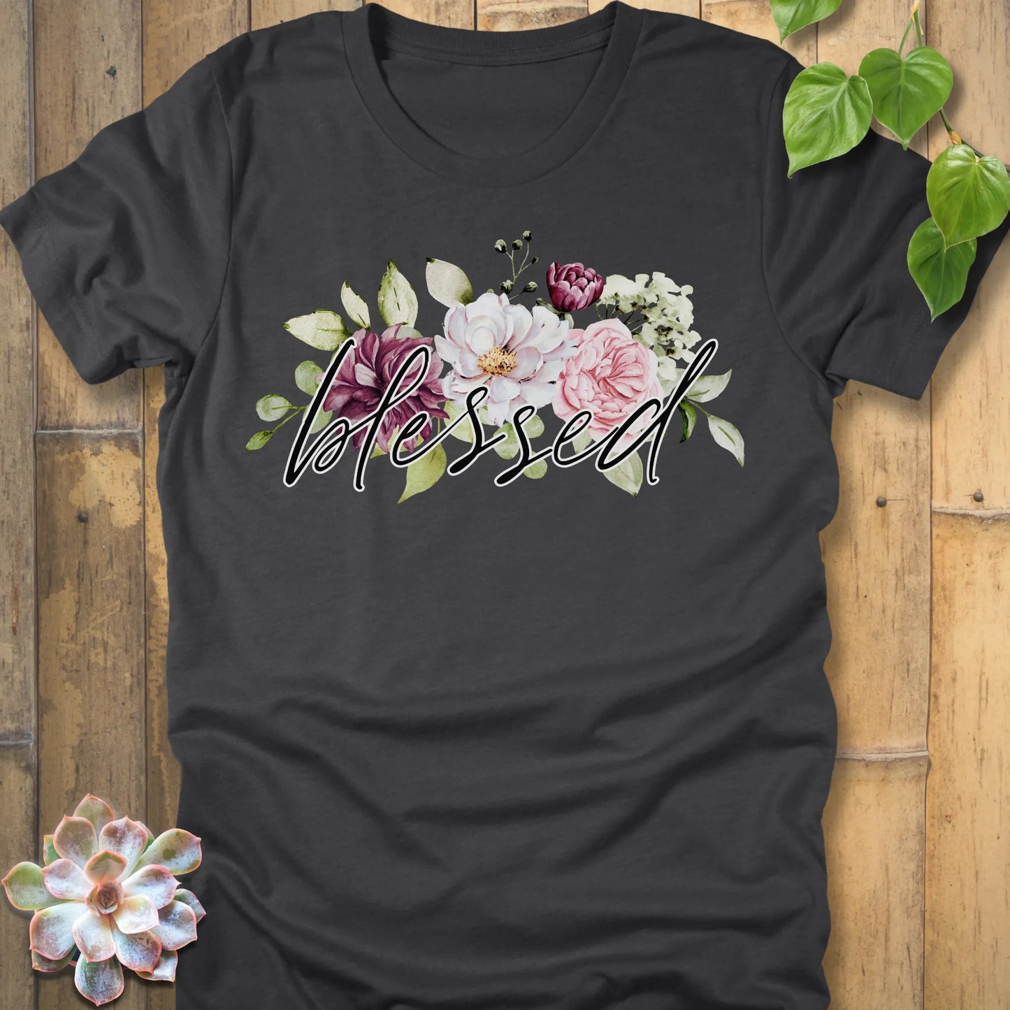 Dark Grey Heather t-shirt featuring the design Blessed Flowers printed black letters and flowers, faith and floral shirt.