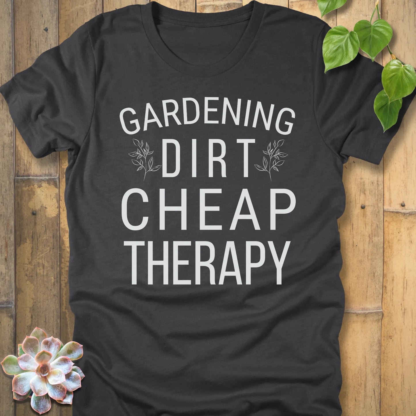 Dark Grey Heather t-shirt featuring the design Cheap Therapy printed in bold white letters