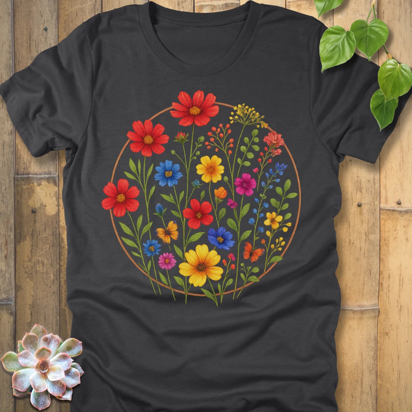 Dark Grey Heather t-shirt featuring the design Circle of Flowers printed in colourful floral artwork, casual garden shirt.