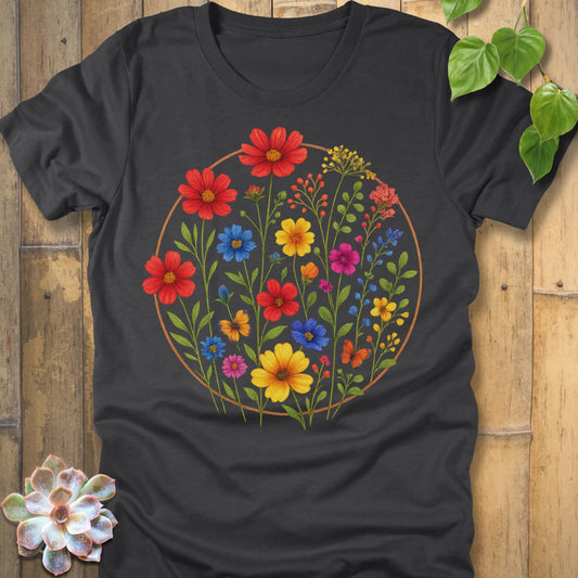Dark Grey Heather t-shirt featuring the design Circle of Flowers printed in colourful floral artwork, casual garden shirt.