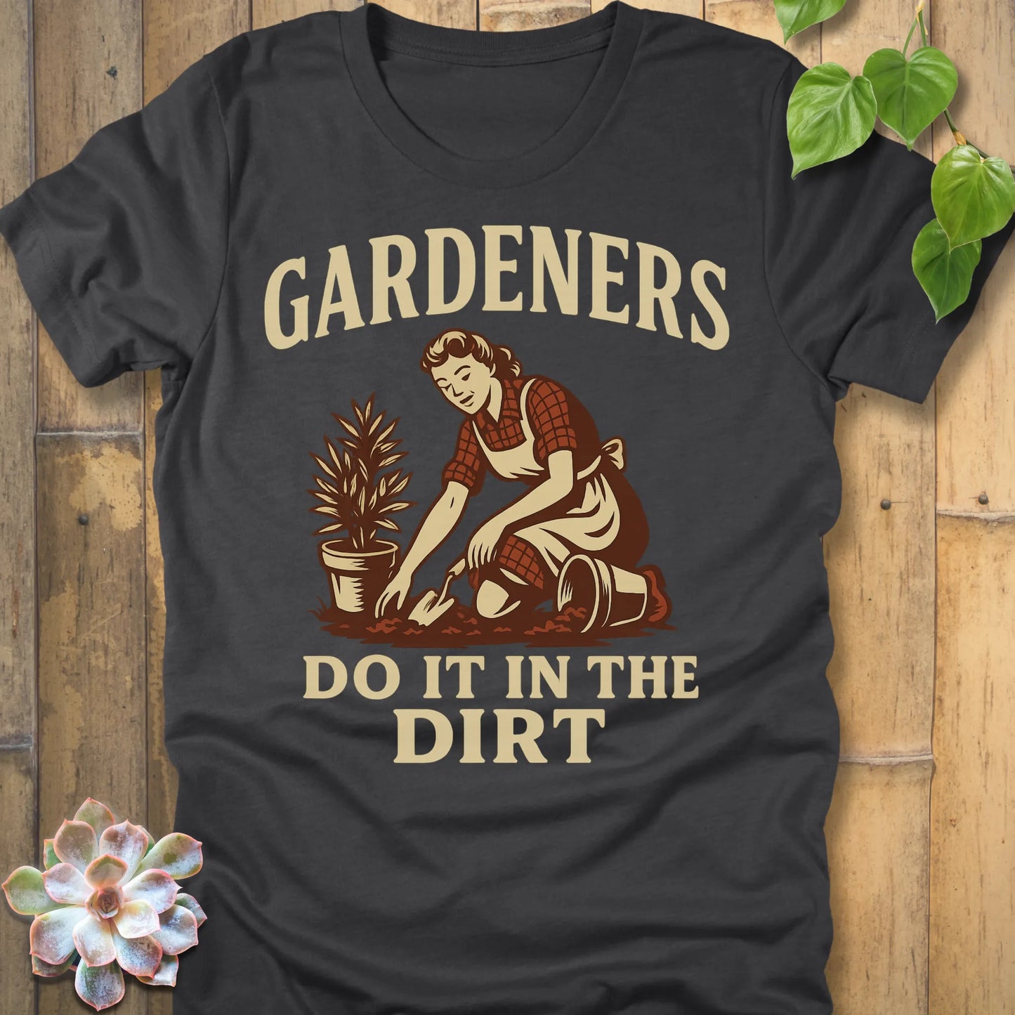 Dark Grey Heather t-shirt featuring the design Do It In The Dirt printed in bold letters, funny gardening shirt.