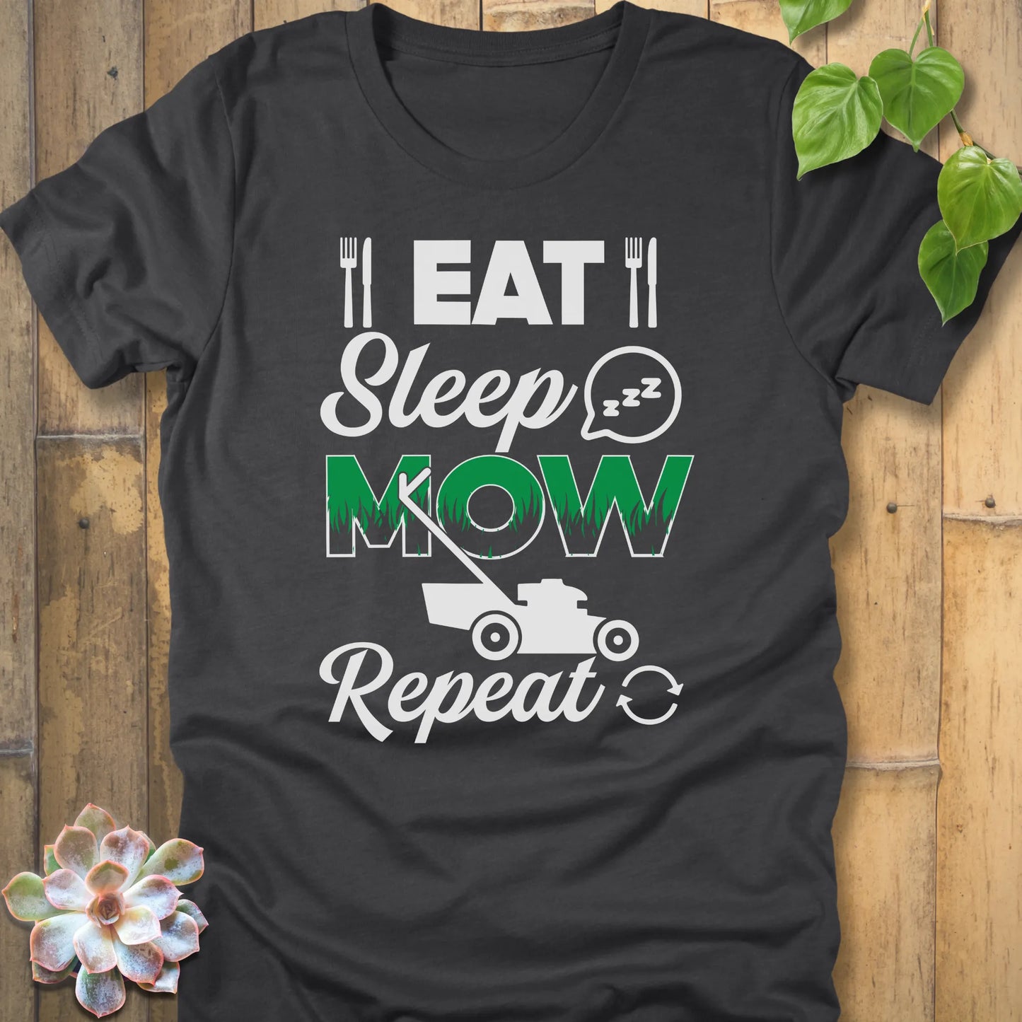 Dark Grey Heather t-shirt featuring the design Eat, Sleep, Mow, Repeat printed with a lawn mower