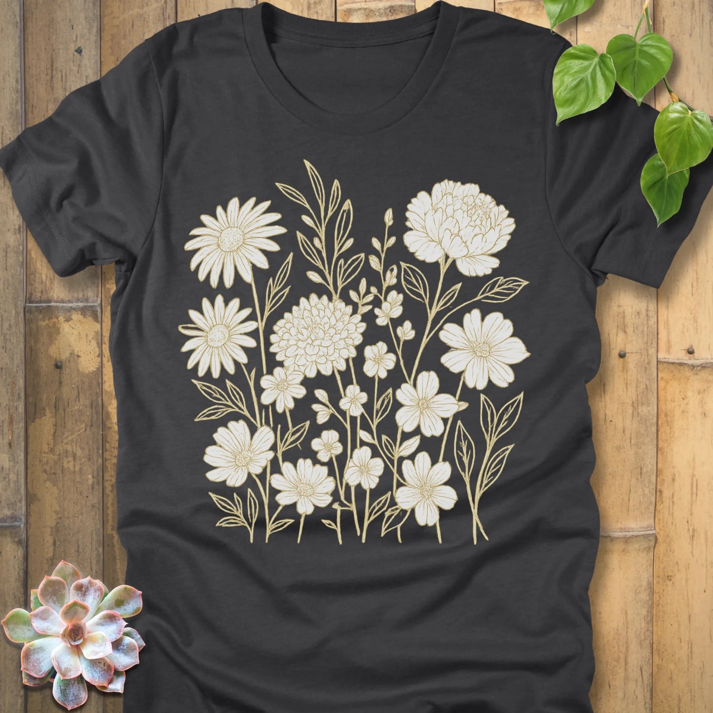 Dark Grey Heather t-shirt featuring the design Eternal Flowers printed floral graphic tee.