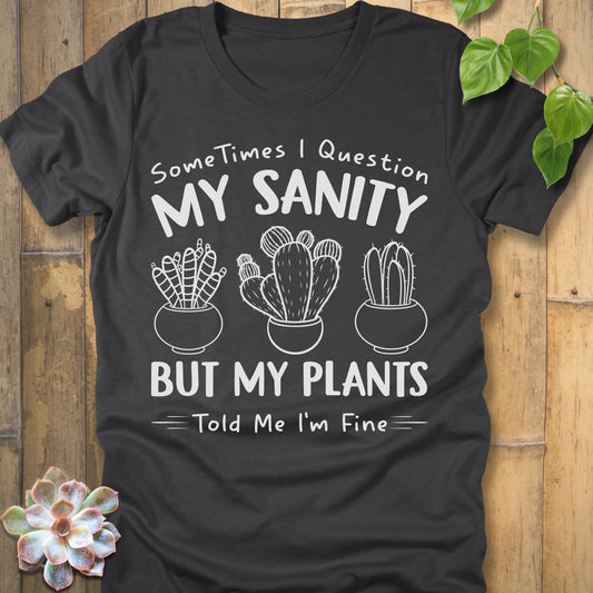 Dark Grey Heather t-shirt featuring the design I'm Fine printed in bold white letters, ang plants