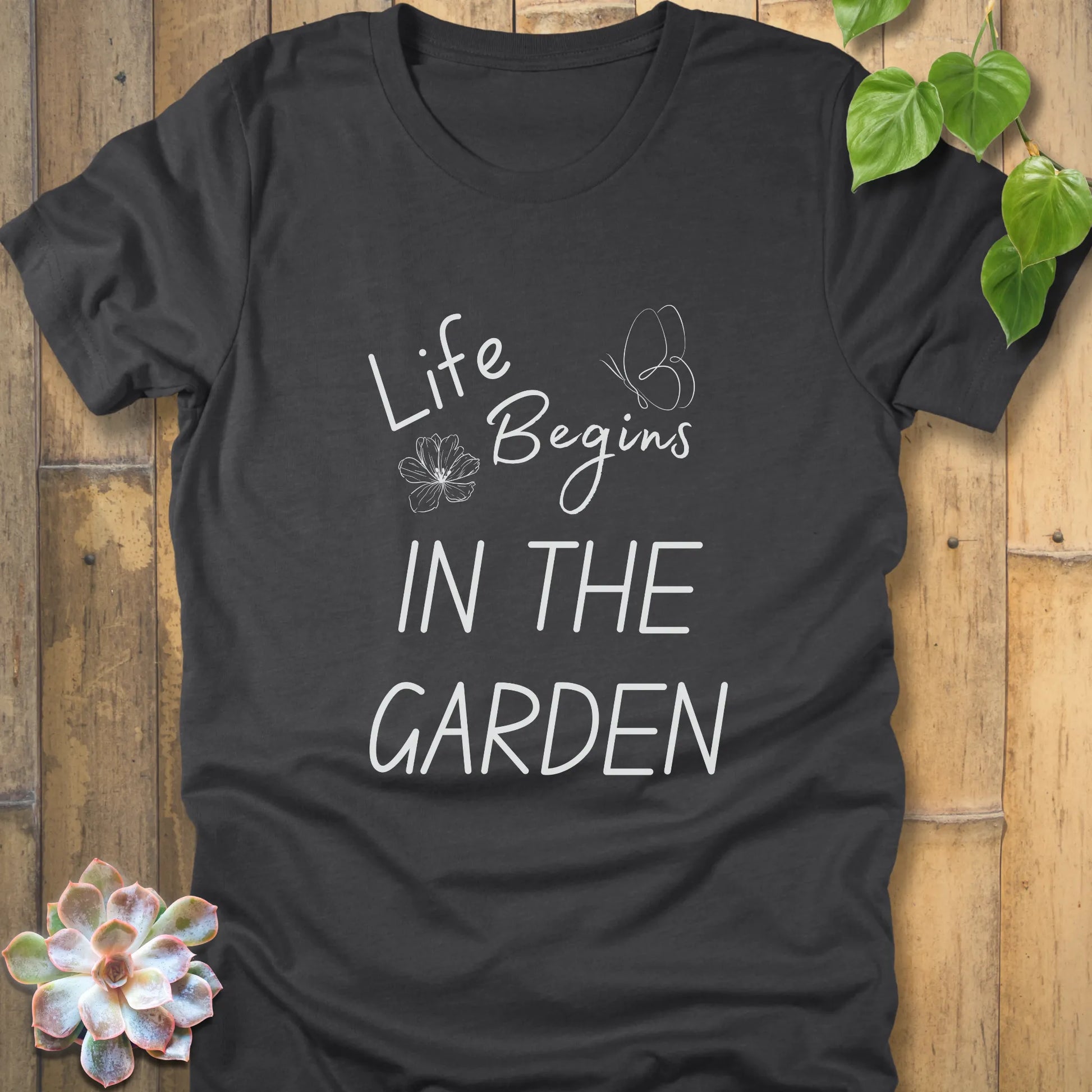 Dark Grey Heather t-shirt featuring the design Life begin's in the garden, casual garden lover shirt.