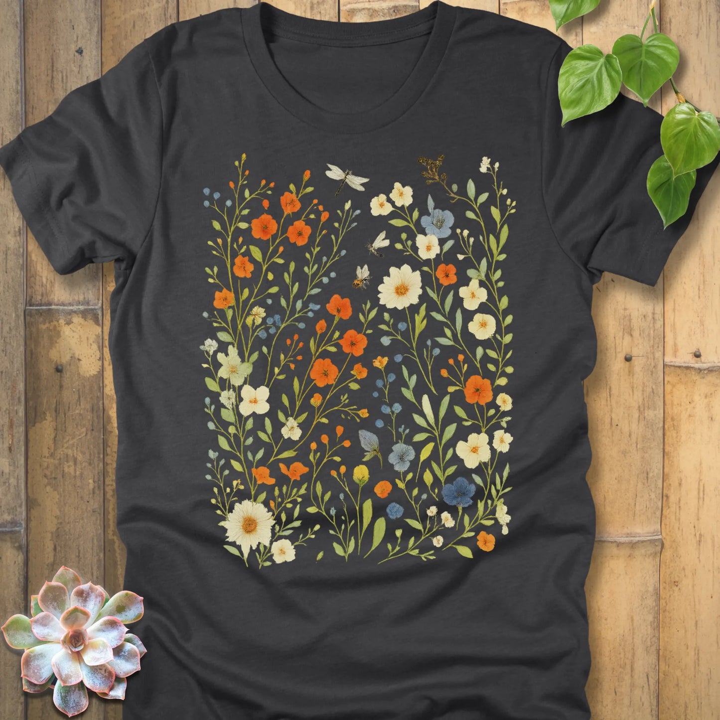 Dark Grey Heather t-shirt featuring the design Meadow Magic printed floral graphic tee.