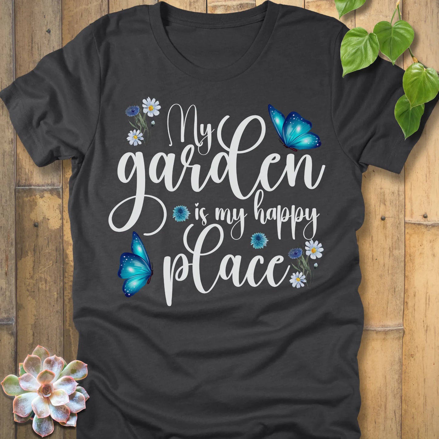 Dark Grey Heather t-shirt featuring the design My Garden Is My Happy Place with blue butterfly and flowers, funny floral gardening shirt for women.
