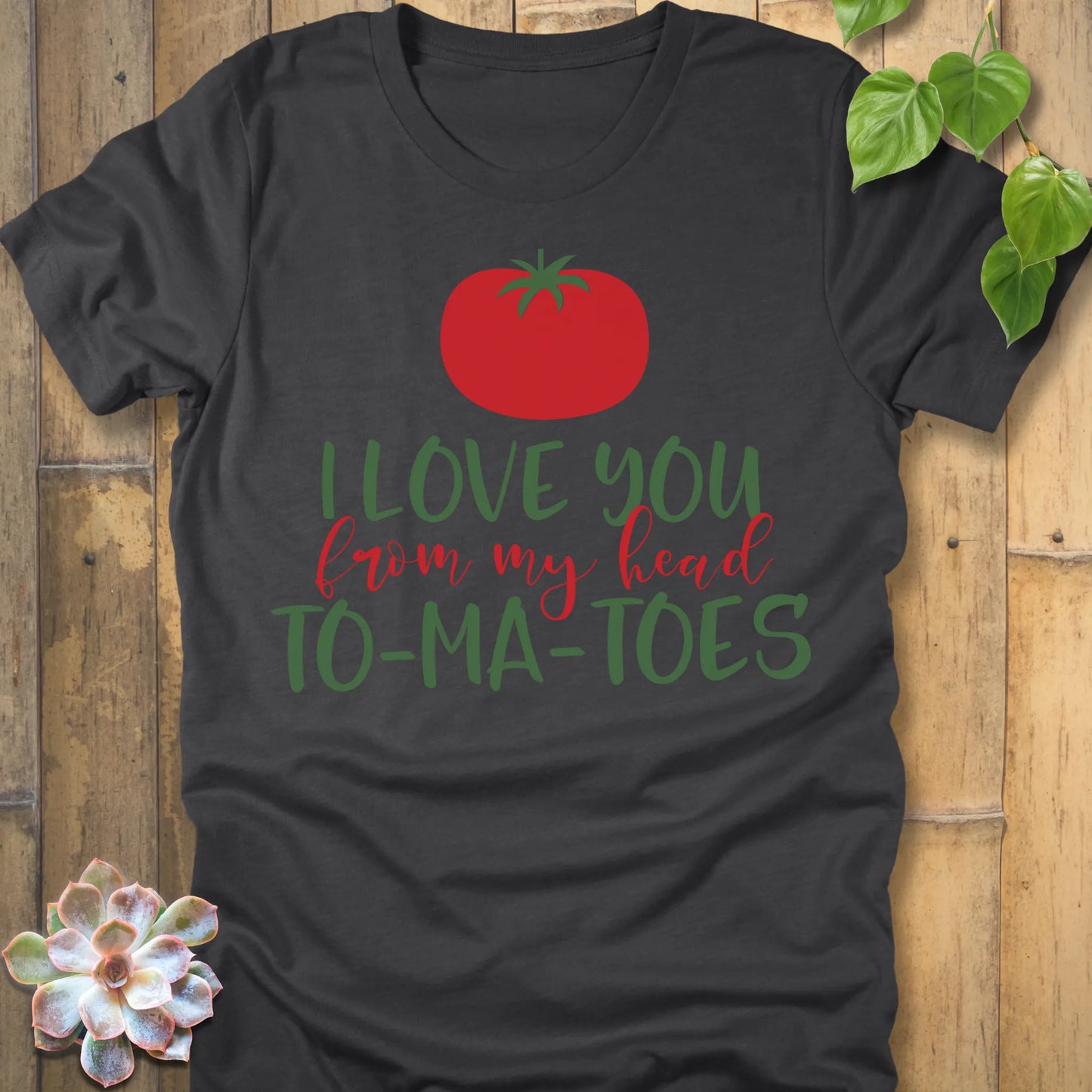 Dark Grey Heather t-shirt featuring the design My Head To-Ma-Toes printed in bold letters, funny tomato gardening shirt.