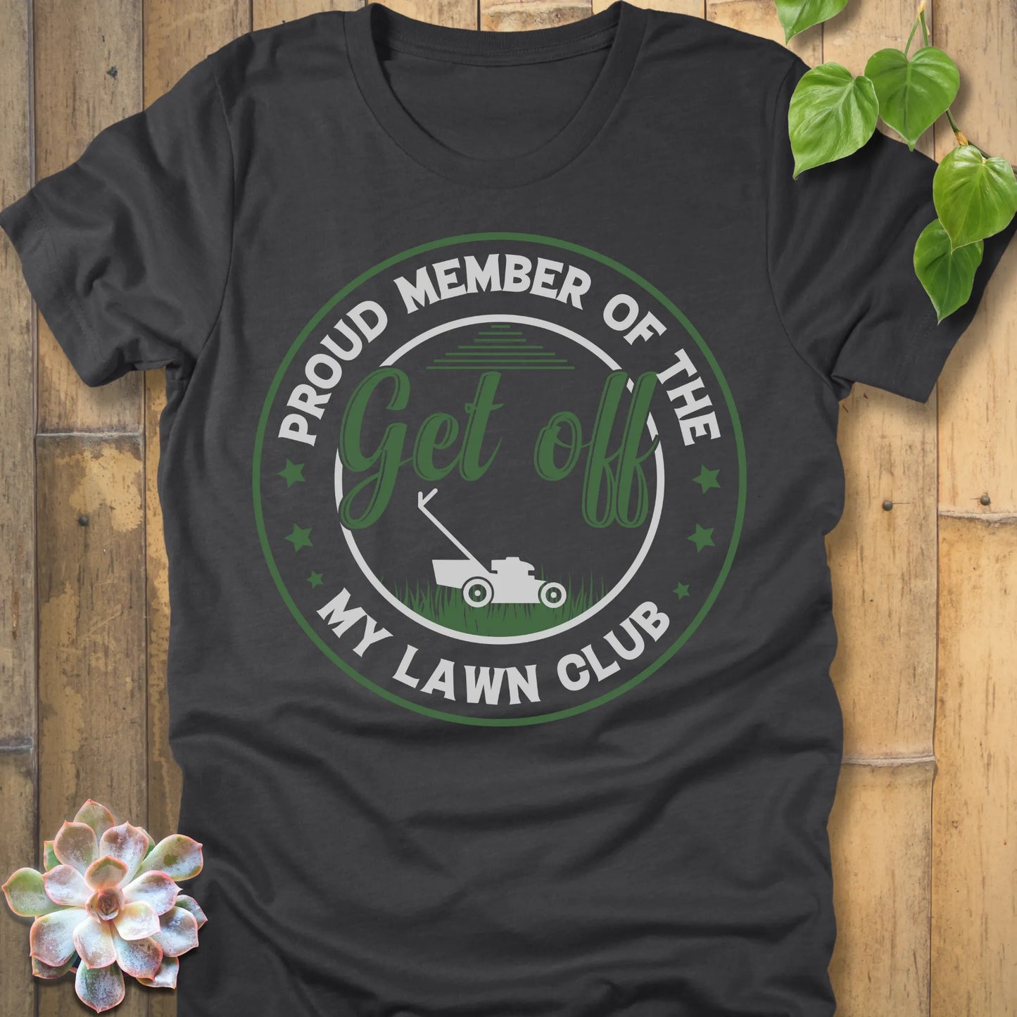 Dark Grey Heather t-shirt featuring the design My Lawn Club printed in bold letters, casual lawn care shirt.