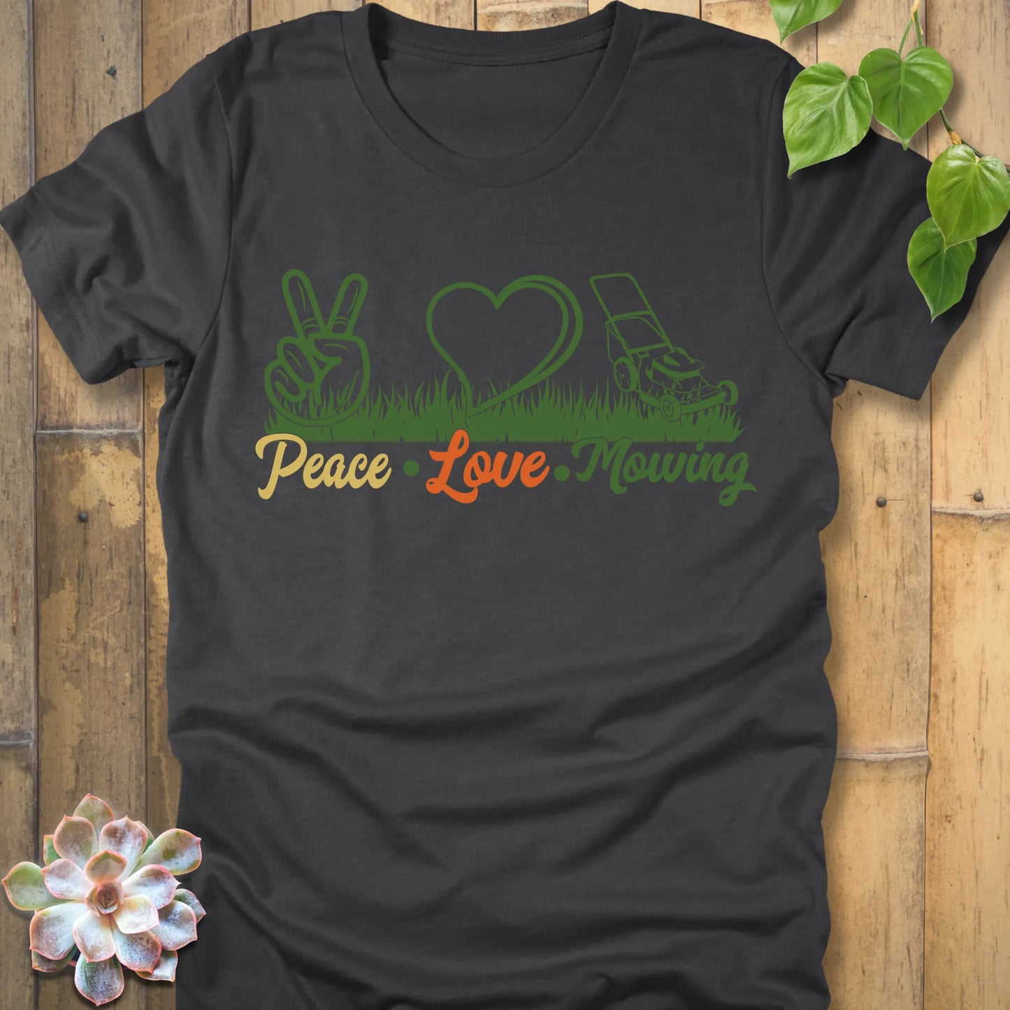 Dark Grey Heather t-shirt featuring the design Peace, Love, Mowing with peace sign, heart and mower