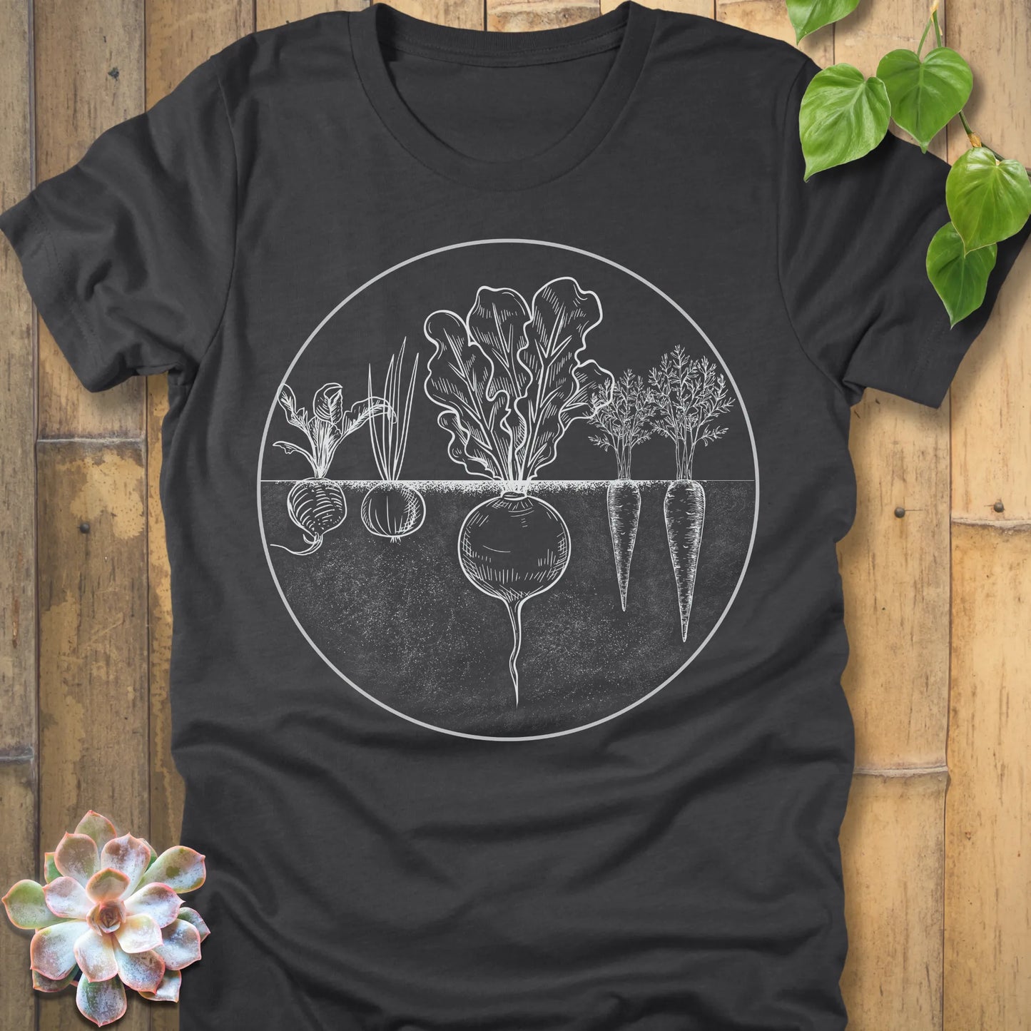 Dark Grey Heather t-shirt featuring the design Rooted Vegetables printed in white design, organic vegetable shirt.