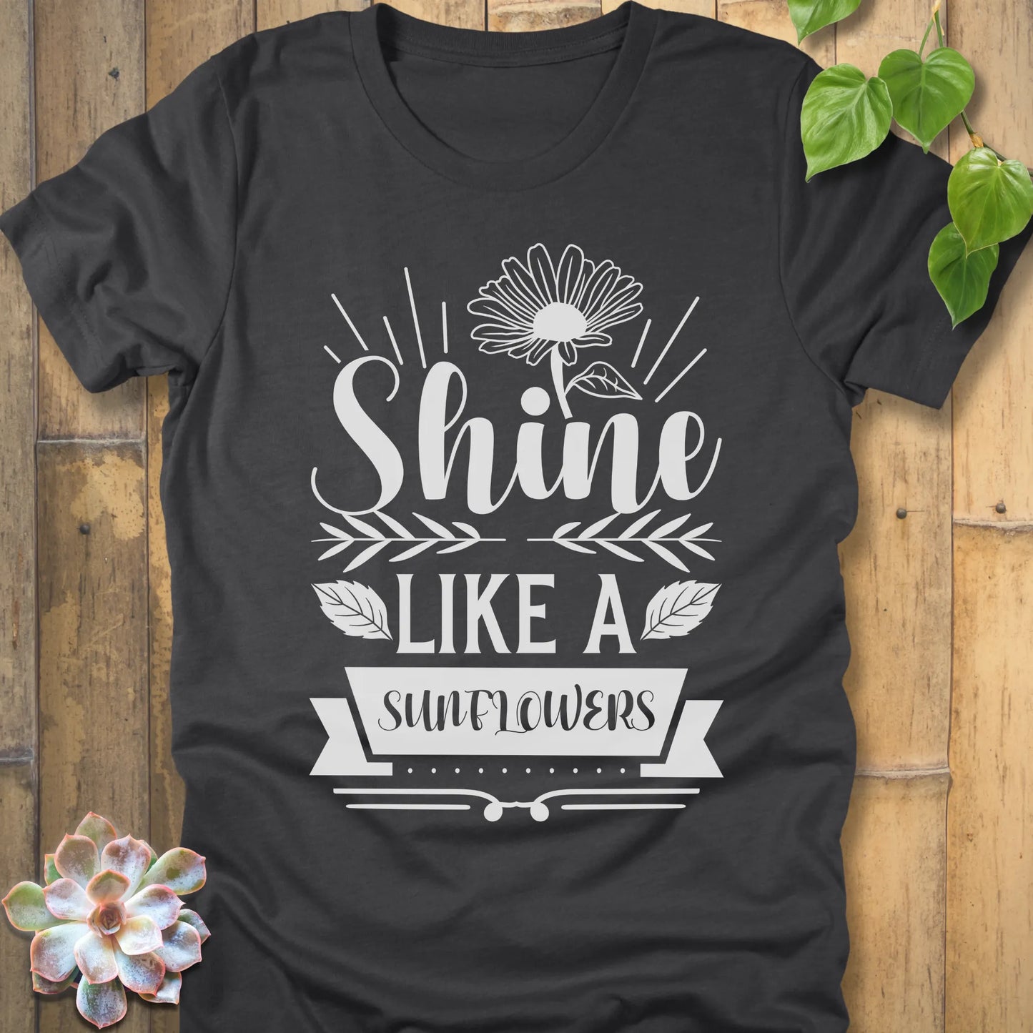 Dark Grey Heather t-shirt featuring the design Shine Like A Sunflower printed in bold letters with sunflower