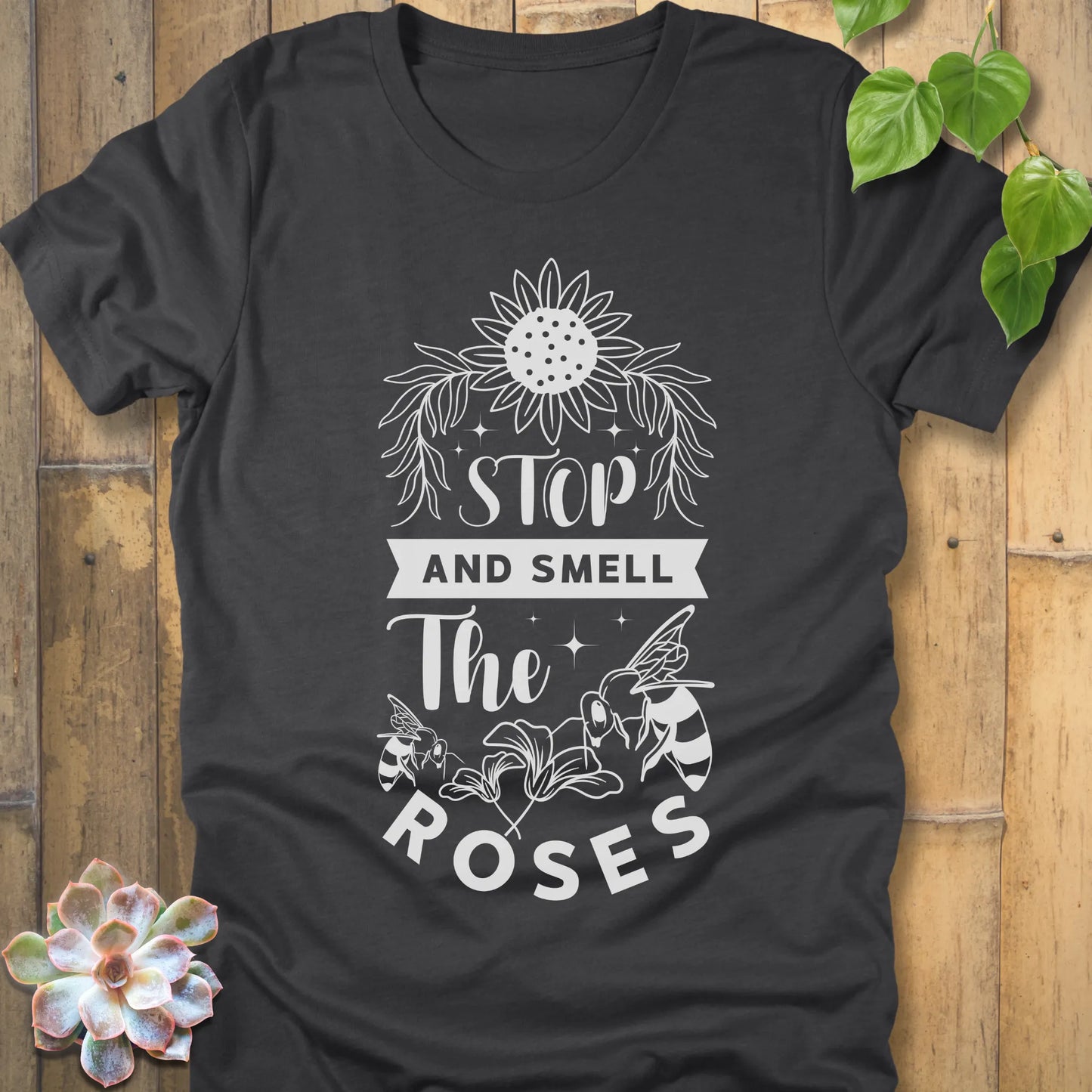 Dark Grey Heather t-shirt featuring the design The Roses printed with flowers and bees