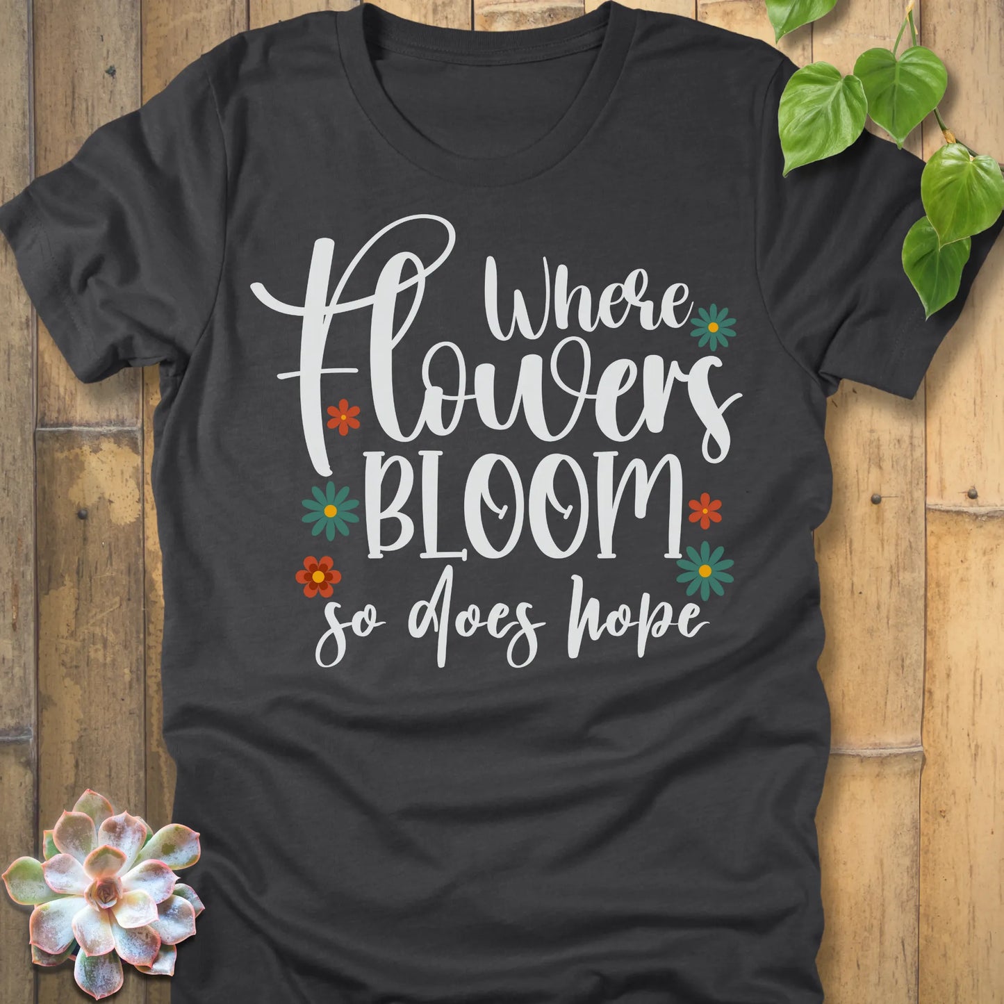 Dark Grey Heather t-shirt featuring the design Where Flowers Bloom printed floral graphic tee