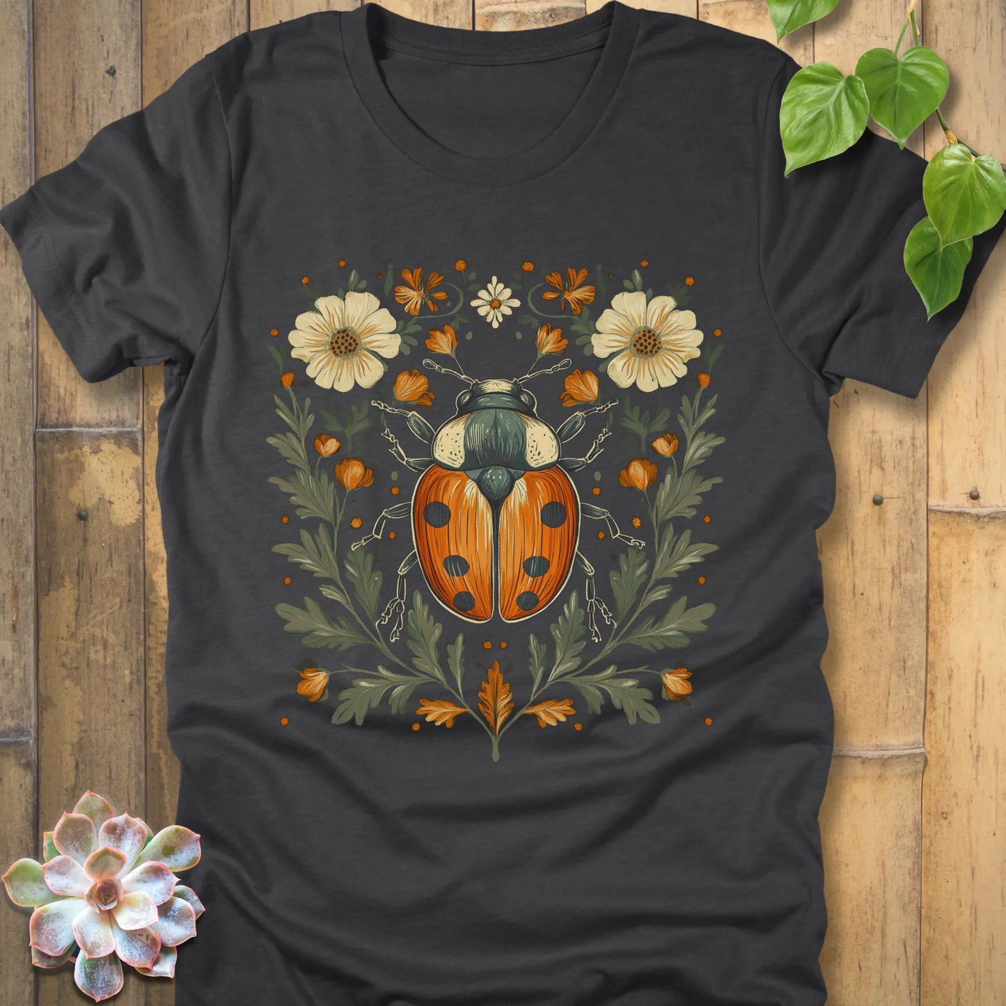 Dark grey heather t-shirt featuring the design Blossom Beetle printed with flowers and beetle