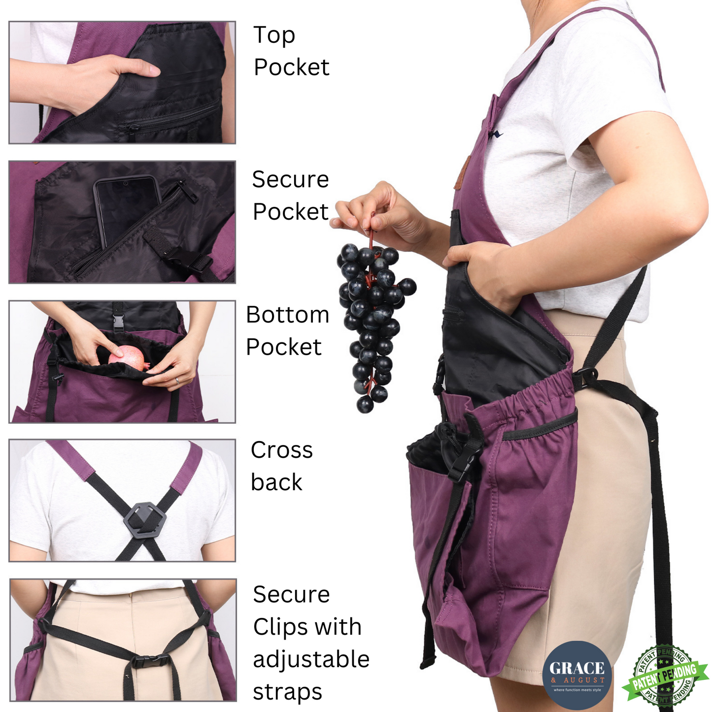 Garden Apron, Gardening Apron with Pockets - Canvas & Adjustable, Great Gift for Gardeners - Aubergine