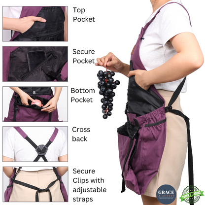 Garden Apron, Gardening Apron with Pockets - Canvas & Adjustable, Great Gift for Gardeners - Aubergine