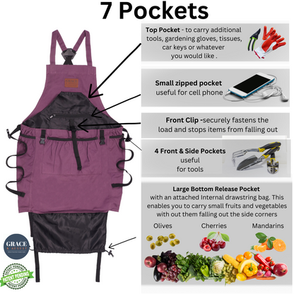 Garden Apron, Gardening Apron with Pockets - Canvas & Adjustable, Great Gift for Gardeners - Aubergine